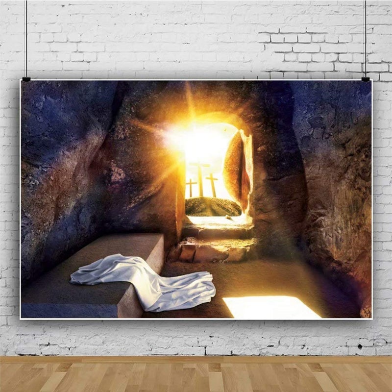 DASHAN 7x5ft Polyester Easter Tomb Cross Holy Light Christian Backdrop for Church God Bless Jesus Religious Prayer Crucifixion Photography Background Resurrection Christian Church Baptism Photo Prop - Image 2